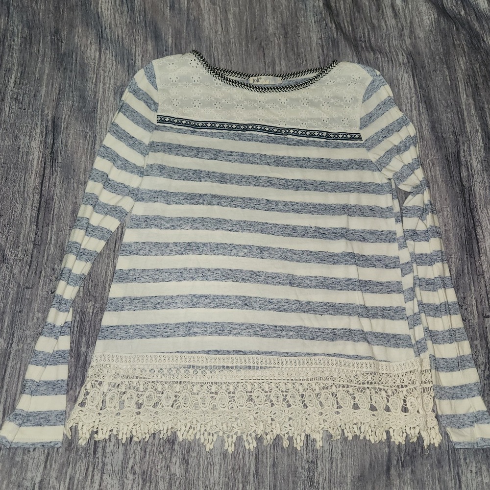 Jolt Blue White Striped Lace Trimmed Boho Long Sleeve Shirt Top Women's Medium